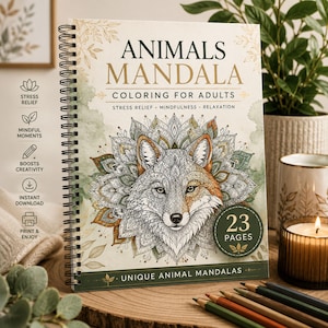 Djurmandala, målarbok för vuxna (digital nedladdning)