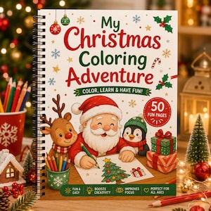 私のクリスマス塗り絵アドベンチャー、水彩画の子供向けお絵かき（デジタルダウンロード）