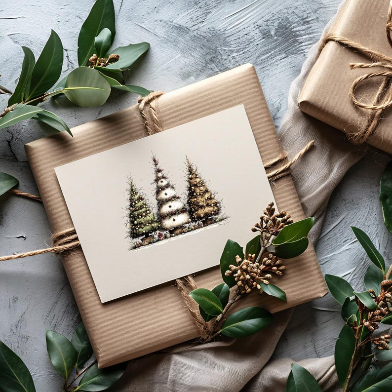 May include: A rectangular greeting card featuring a detailed illustration of three stylized Christmas trees in green, white, and gold tones. The card is placed on a square gift box wrapped in brown paper and tied with natural twine string.
