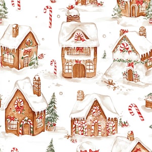 May include: A seamless pattern featuring watercolor illustrations of gingerbread houses covered in white icing snow, decorated with red and white candy canes, green pine trees, and red bows against a plain white background.