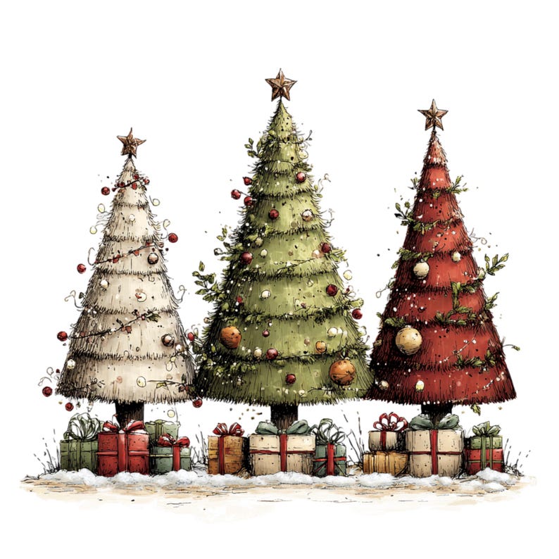 May include: Three stylized Christmas trees in white, green, and red, each topped with a star. The trees are decorated with round ornaments and greenery, with stacks of wrapped gift boxes in various colors positioned at the base of each tree.