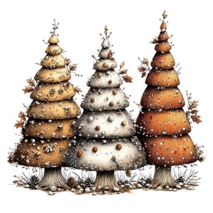 May include: Three stylized conical trees with textured, layered branches in shades of light yellow, white, and orange. Each tree is adorned with small round ornaments, scattered leaves, and fine white speckles, standing on thick, textured trunks.