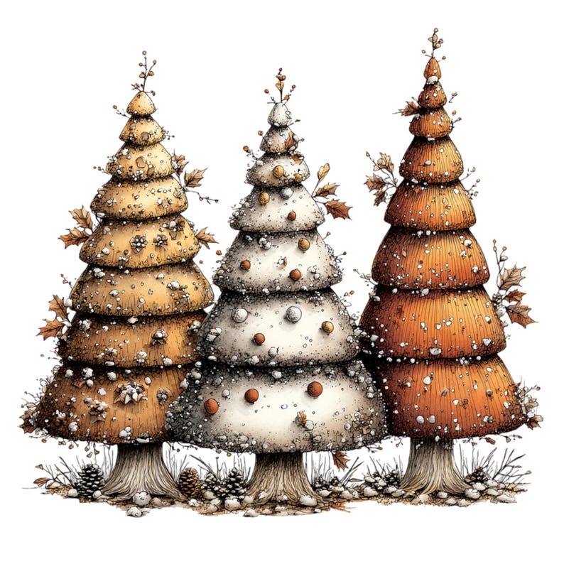 May include: Three stylized conical trees with textured, layered branches in shades of light yellow, white, and orange. Each tree is adorned with small round ornaments, scattered leaves, and fine white speckles, standing on thick, textured trunks.