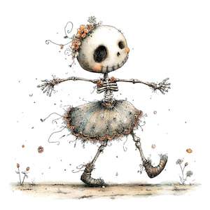 May include: A whimsical illustration of a skeleton figure with a large round head, wearing a grey ruffled skirt and orange floral accents on its head and chest. The skeleton has thin limbs, stitched mouth details, and is walking on a light ground.