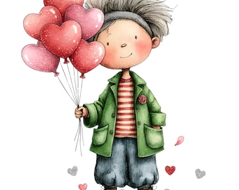 Paquete de imágenes prediseñadas de niño de San Valentín (25 PNG) / Niño adorable con rosas y corazones en acuarela por sublimación / Descarga digital para tarjetas