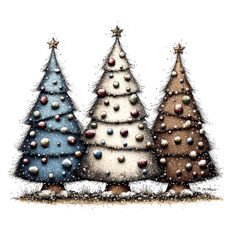 May include: A digital illustration of three stylized Christmas trees standing side by side. The left tree is blue, the center tree is white, and the right tree is brown. Each tree is decorated with small round ornaments and topped with a gold star.