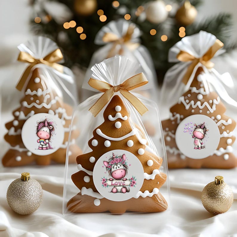 Puede incluir: Galletas de jengibre con forma de &aacute;rbol de Navidad decoradas con glaseado blanco y empaquetadas en bolsas de celof&aacute;n transparente atadas con cinta dorada. Cada galleta tiene una pegatina redonda con un dise&ntilde;o de unicornio de dibujos animados.