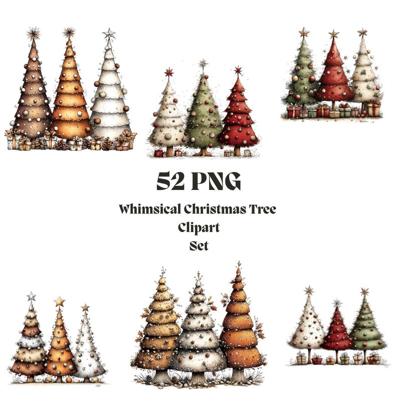 May include: A digital collection of 52 PNG files featuring illustrations of Christmas tree groupings in various colors including brown, white, green, and red, with star toppers and gift boxes at the base, labeled 52 PNG Whimsical Christmas Tree Clipart Set.