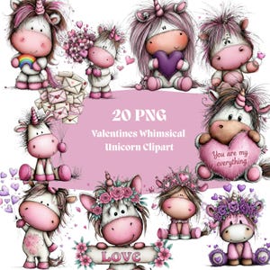 Puede incluir: Colecci&oacute;n de 20 im&aacute;genes predise&ntilde;adas PNG de unicornios caprichosos de San Valent&iacute;n. Los unicornios son rosas y blancos con varios accesorios, incluyendo corazones, flores y arco&iacute;ris. Se muestra el texto "20 PNG Valentines Whimsical Unicorn Clipart".