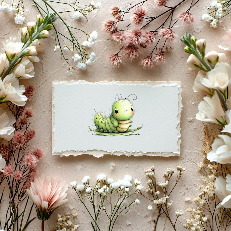 May include: A watercolor illustration of a cute green caterpillar with a smiling face, sitting on a leaf. The artwork is on a textured, off-white paper, surrounded by white and pink flowers on a light beige background.