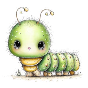 Spring Caterpillar Clipart Bundle | Cute Insect Watercolor PNG | Whimsical Bookworm Graphics for Junk Journal | Transparent Background image 19