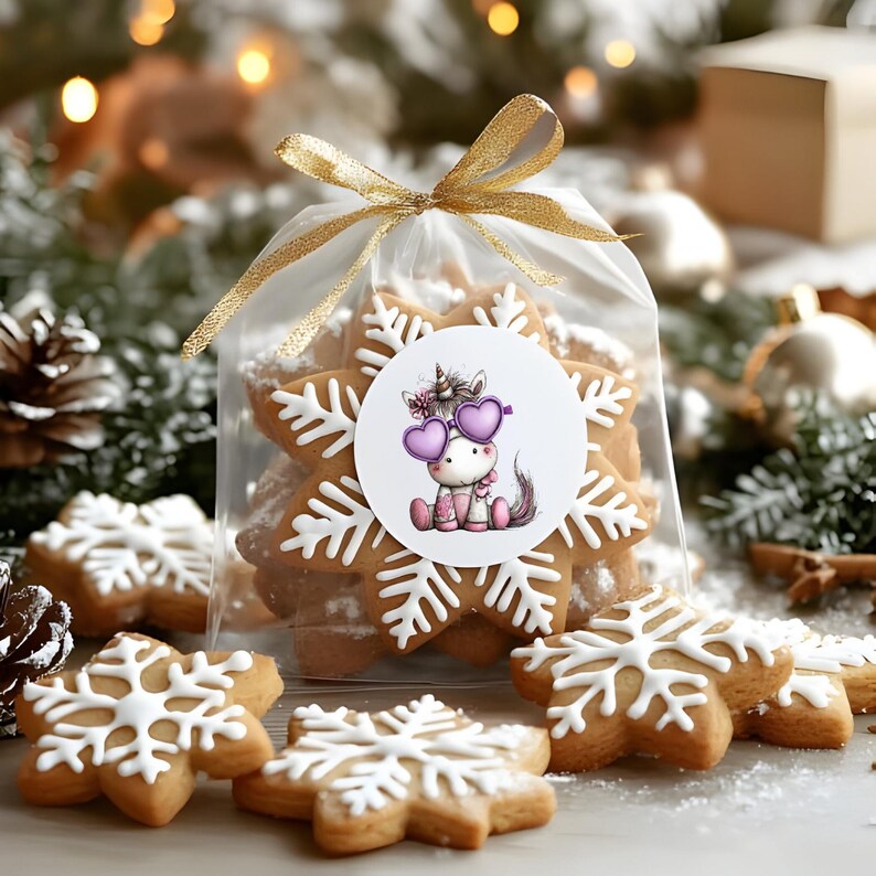 Puede incluir: Una bolsa transparente atada con una cinta dorada, llena de galletas con forma de copo de nieve. Cada galleta est&aacute; decorada con glaseado blanco. Una pegatina redonda en la bolsa presenta un unicornio de dibujos animados con gafas de sol en forma de coraz&oacute;n. Decoraciones navide&ntilde;as.