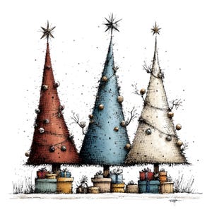 May include: A whimsical illustration of three conical Christmas trees in red, blue, and off-white, each topped with a star. The trees are decorated with small round ornaments and thin lines, with stacks of colorful wrapped gift boxes at their bases.