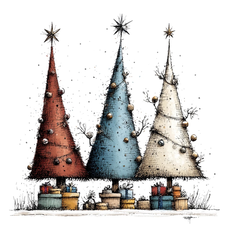 May include: A whimsical illustration of three conical Christmas trees in red, blue, and off-white, each topped with a star. The trees are decorated with small round ornaments and thin lines, with stacks of colorful wrapped gift boxes at their bases.