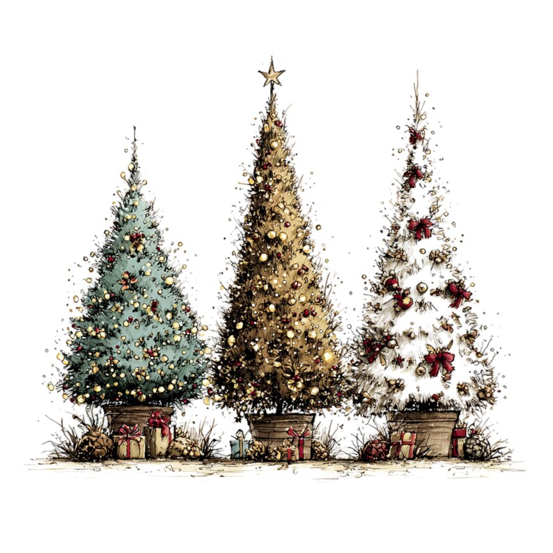 May include: A digital illustration of three potted Christmas trees standing side by side. The left tree is light blue, the center tree is gold with a star topper, and the right tree is white. Each tree is decorated with ornaments and bows.