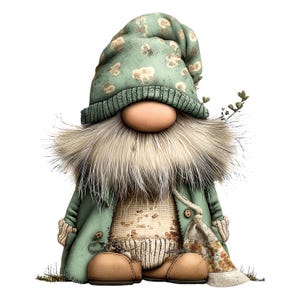 May include: A charming gnome figure with a long, fluffy white beard and a large, bulbous nose. The gnome is dressed in a green hat with a floral pattern and a matching coat. The gnome's outfit includes a knitted sweater and brown boots, creating a rustic aesthetic.
