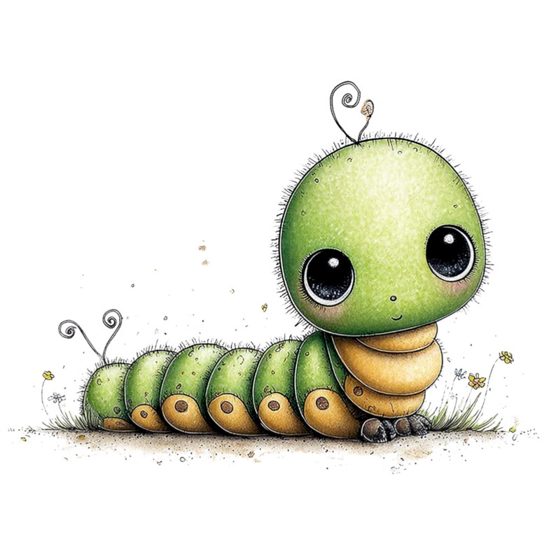 May include: A cute cartoon caterpillar illustration. The caterpillar has a green head and body segments with yellow accents. It has large, black eyes and a small smile. The illustration is set against a white background with small flowers and grass.
