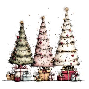 May include: Three stylized Christmas trees in sage green, soft pink, and cream, each topped with a star and decorated with ornaments and string lights. The trees sit in gift boxes with bows, surrounded by smaller wrapped presents at the base.