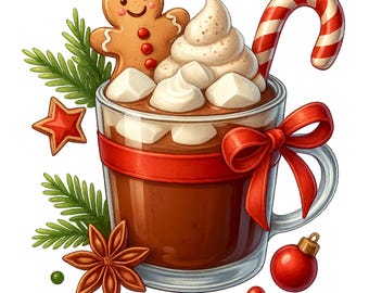 Christmas Hot Cocoa Mug Clipart, Red Holiday Cup with Cream and Candy Cane, Cozy Winter Drink PNG, 300 DPI Transparent