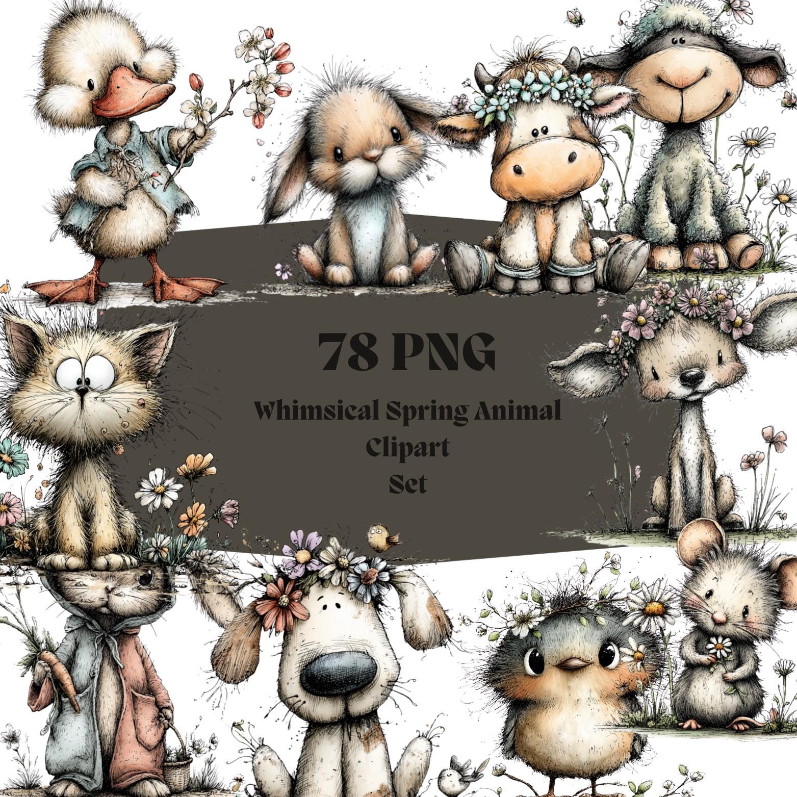 78 Whimsical Spring Animal Pngs, Cute Clipart Bundle - Etsy