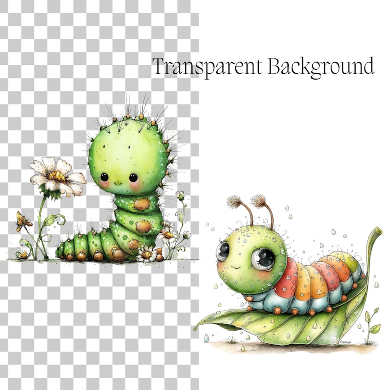 Spring Caterpillar Clipart Bundle | Cute Insect Watercolor PNG | Whimsical Bookworm Graphics for Junk Journal | Transparent Background image 7