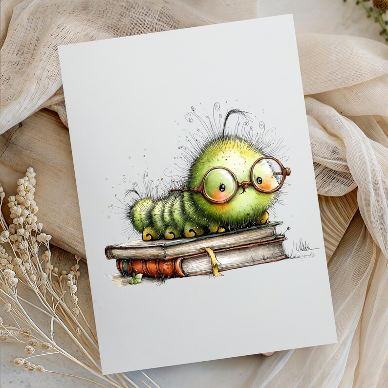 Spring Caterpillar Clipart Bundle | Cute Insect Watercolor PNG | Whimsical Bookworm Graphics for Junk Journal | Transparent Background image 3