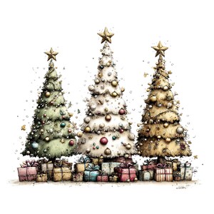 May include: Three decorated Christmas trees in shades of sage green, white, and gold, each topped with a gold star. The trees are adorned with various ornaments and surrounded by a collection of wrapped gift boxes in pastel and neutral colors.