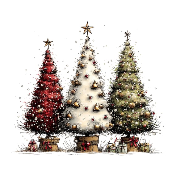 Whimsical Christmas Tree Clipart, 52 Vintage Holiday Trees PNG, Rustic Xmas Graphics, Winter Woodland Clip Art, Commercial Use Digital