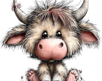Highland Cow Easter Clipart, 33 PNG Bundle, Whimsical Watercolor Farm Animals, Digital Download