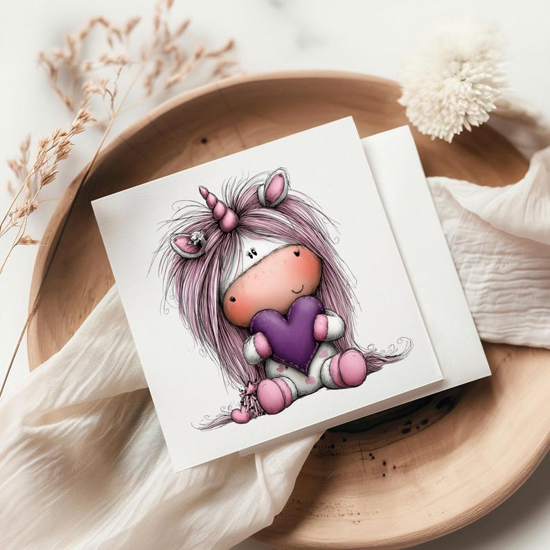 Puede incluir: Tarjeta de felicitaci&oacute;n cuadrada con un unicornio de dibujos animados con pelo rosa y un coraz&oacute;n morado. El unicornio est&aacute; sentado. La tarjeta est&aacute; sobre una bandeja de madera con una tela blanca y una flor blanca.