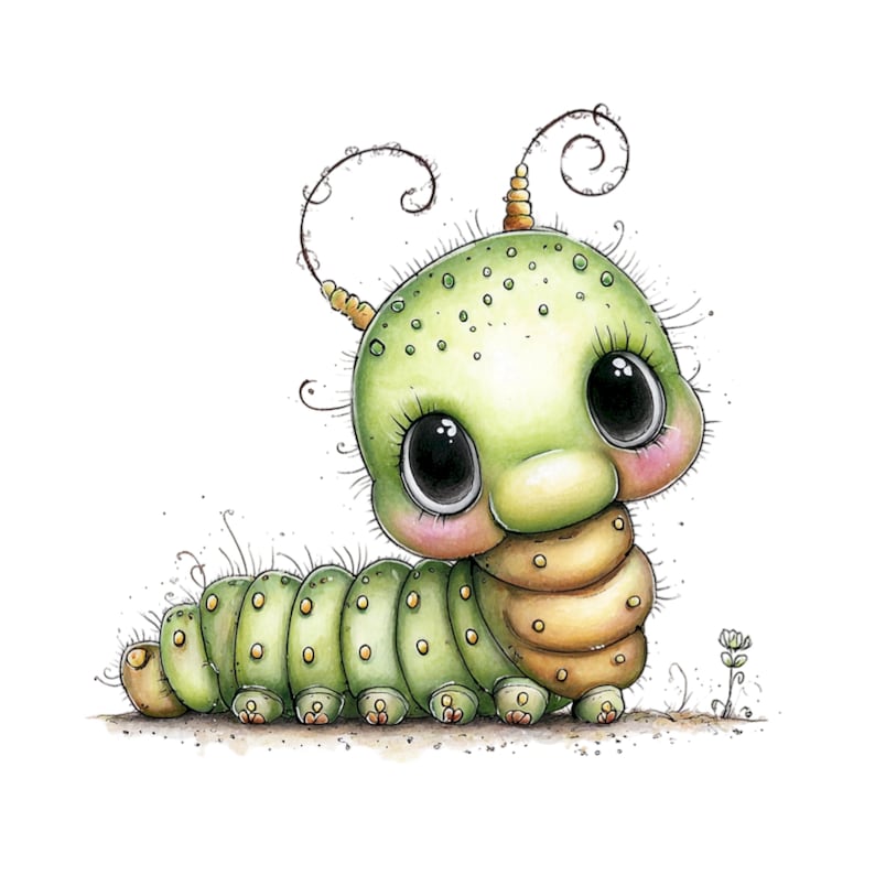 Spring Caterpillar Clipart Bundle | Cute Insect Watercolor PNG | Whimsical Bookworm Graphics for Junk Journal | Transparent Background image 9