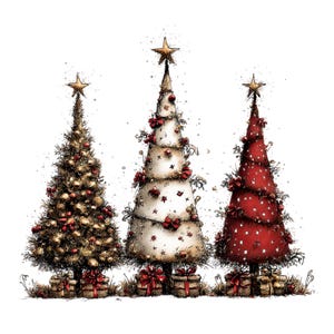 May include: A digital illustration of three stylized Christmas trees standing side by side. The left tree is gold with red ornaments, the center tree is white with red accents, and the right tree is red with white stars. Each tree is topped with a star.