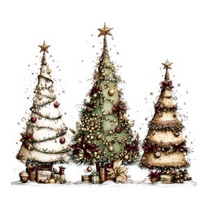 May include: Three illustrated Christmas trees of varying heights, featuring a white tree on the left, a green tree in the center, and a tan tree on the right. Each tree is adorned with gold stars, ornaments, and garlands, with wrapped gifts at the base.