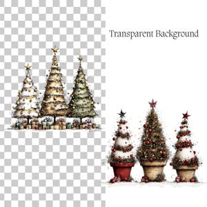 May include: A digital illustration featuring two sets of Christmas trees. The left set shows three decorated pine trees with gifts at their bases. The right set displays three smaller trees in terracotta pots, adorned with red ornaments and stars.