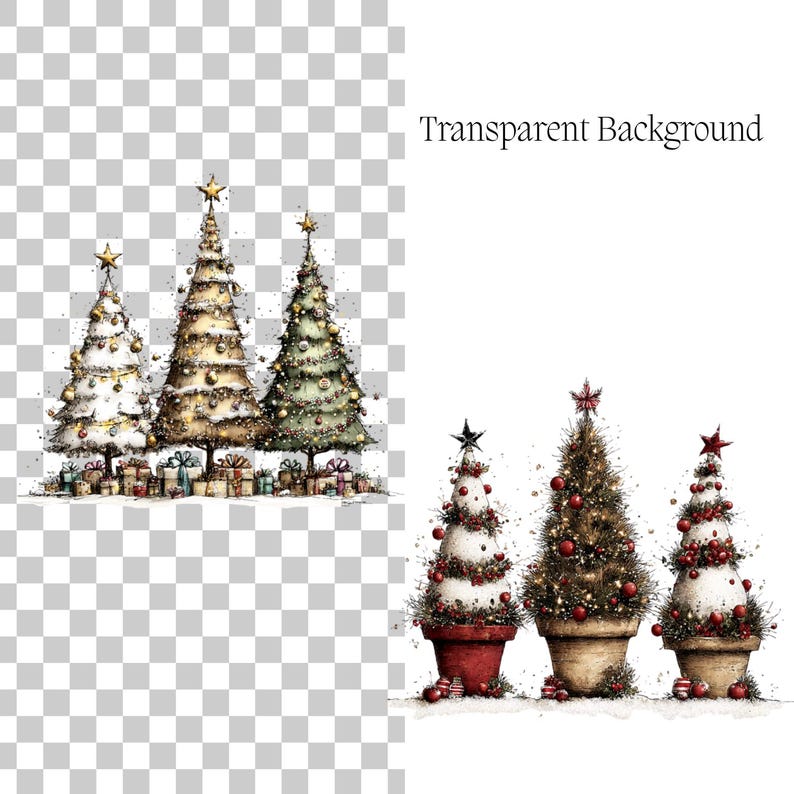 May include: A digital illustration featuring two sets of Christmas trees. The left set shows three decorated pine trees with gifts at their bases. The right set displays three smaller trees in terracotta pots, adorned with red ornaments and stars.