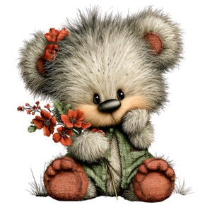 May include: A cute, plush teddy bear with a light gray fur coat and brown paws. The bear is wearing a green jacket and holding a bouquet of red flowers. Red flowers are also adorning the bear's ear.