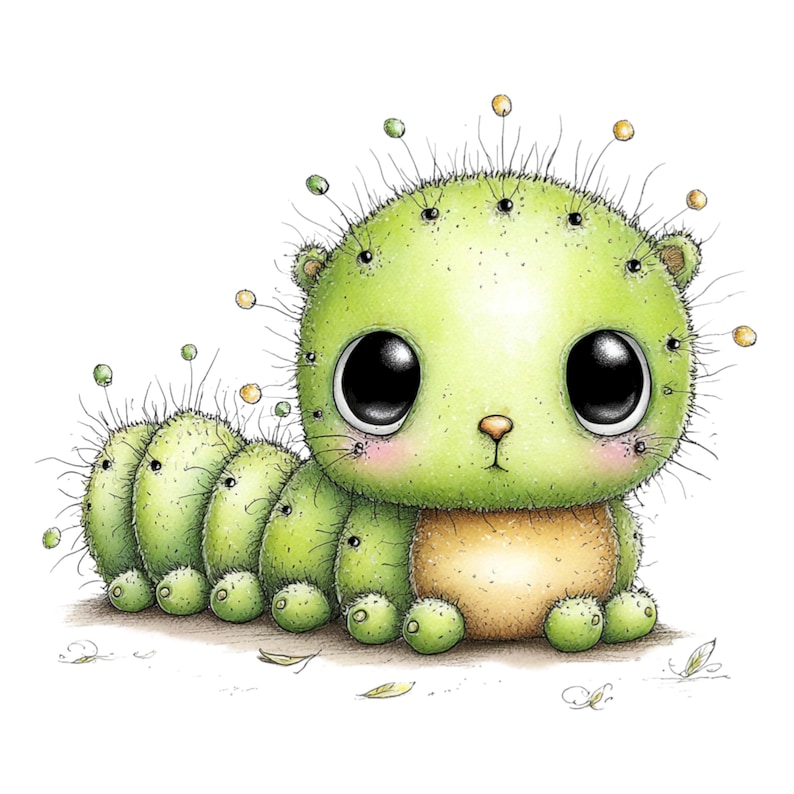 May include: A whimsical illustration of a green caterpillar-like creature with large, black eyes and a light brown belly. The creature has multiple segments, each with small, round feet. It is decorated with small, spiky hairs and tiny, colorful orbs.