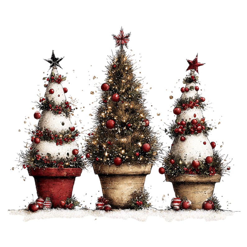 May include: Three potted Christmas trees in a row. The outer two are white, cone-shaped trees decorated with red berries and topped with stars. The center tree is a green, needle-leaf pine decorated with red ornaments and warm white lights.