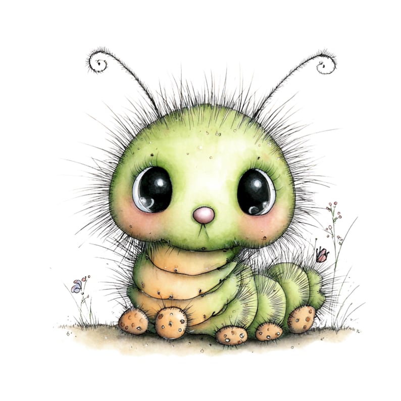 Spring Caterpillar Clipart Bundle | Cute Insect Watercolor PNG | Whimsical Bookworm Graphics for Junk Journal | Transparent Background image 8