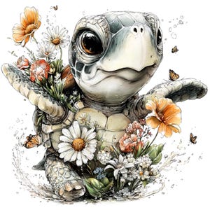 Puede incluir: Ilustración en acuarela de una tortuga marina sonriente rodeada de flores y mariposas. La tortuga tiene un caparazón verde claro y ojos grandes y expresivos. Flores naranjas, blancas y rosas se encuentran alrededor de la tortuga, con mariposas revoloteando cerca.