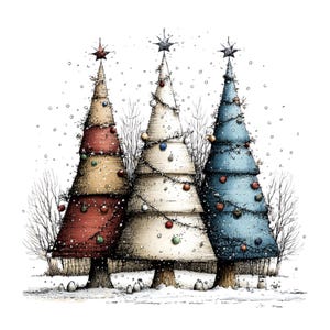 May include: A whimsical illustration of three stylized Christmas trees standing in a snowy landscape. The left tree is red and tan, the center tree is white, and the right tree is blue. Each tree is decorated with small ornaments and a star topper.