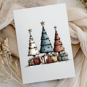 May include: A white rectangular print featuring an illustration of three stylized Christmas trees in cream, blue, and red. Each tree is topped with a gold star and decorated with ornaments. Beneath the trees are several wrapped gift boxes.