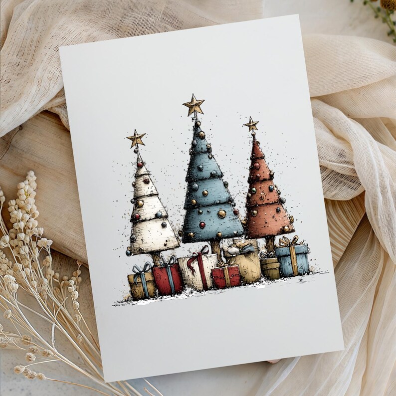 May include: A white rectangular print featuring an illustration of three stylized Christmas trees in cream, blue, and red. Each tree is topped with a gold star and decorated with ornaments. Beneath the trees are several wrapped gift boxes.