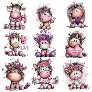 Puede incluir: Nueve adorables ilustraciones de unicornios de dibujos animados en tonos de rosa, morado y blanco. Cada unicornio tiene un dise&ntilde;o &uacute;nico, algunos sostienen corazones o flores, y uno con el texto "You are my everything".