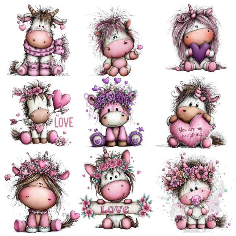 Puede incluir: Nueve adorables ilustraciones de unicornios de dibujos animados en tonos de rosa, morado y blanco. Cada unicornio tiene un dise&ntilde;o &uacute;nico, algunos sostienen corazones o flores, y uno con el texto "You are my everything".