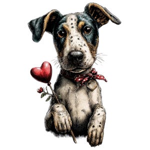 May include: A digital illustration of a dog holding a red heart-shaped balloon and a rose. The dog has a spotted coat, floppy ears, and a red polka-dot bandana. The image is on a white background.