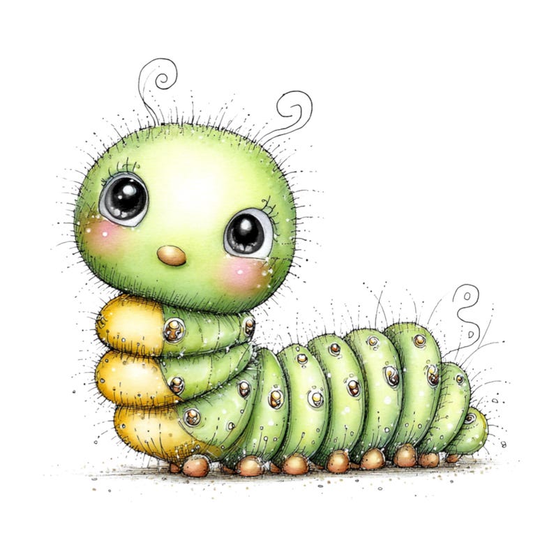 May include: A whimsical illustration of a cartoon caterpillar. The caterpillar has a large, round green head with big, expressive eyes and rosy cheeks. Its segmented body transitions from yellow to green, with small, decorative accents. The artwork is set against a white background.