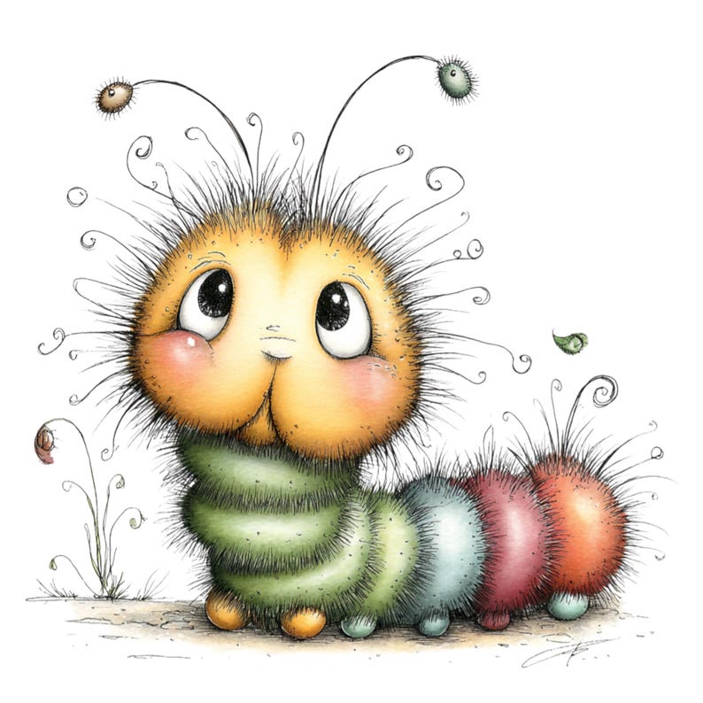 May include: A whimsical illustration of a cartoon caterpillar with a fluffy, yellow head and a segmented body in shades of green, blue, pink, and orange. The caterpillar has large, expressive eyes and delicate antennae.