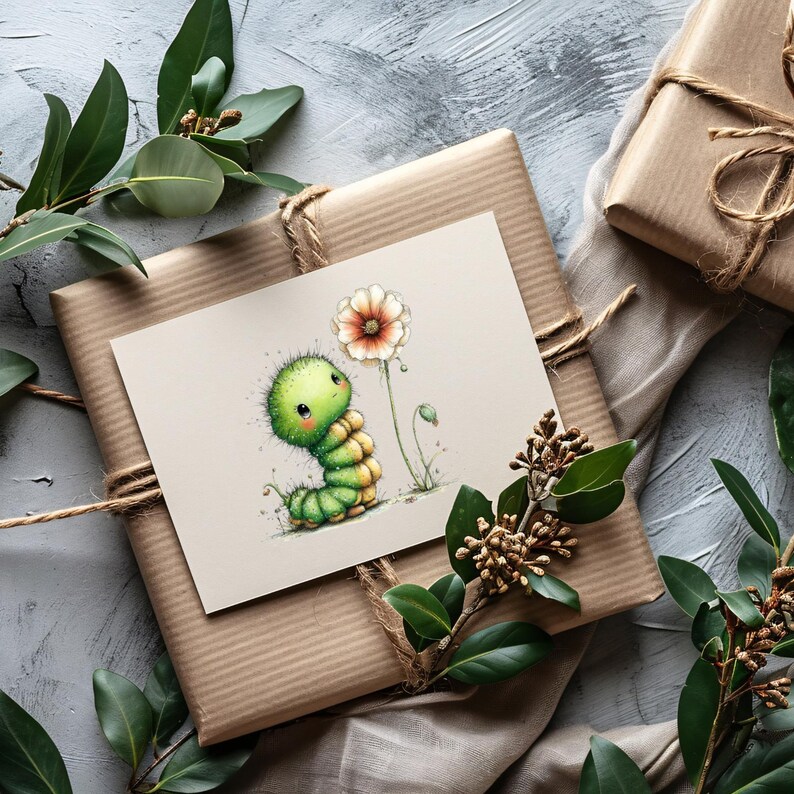 May include: A greeting card featuring a cartoon caterpillar with a flower, resting on a wrapped gift. The card has a light beige background with a green and yellow caterpillar. The gift is wrapped in brown paper and tied with twine, with green foliage accents.