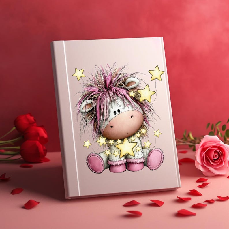 Puede incluir: Un diario rosa con una ilustraci&oacute;n de dibujos animados de un pony blanco y rosa con detalles de estrellas. El pony est&aacute; rodeado de estrellas amarillas. El diario est&aacute; sobre una superficie rosa con p&eacute;talos de rosa rojos y rosas.